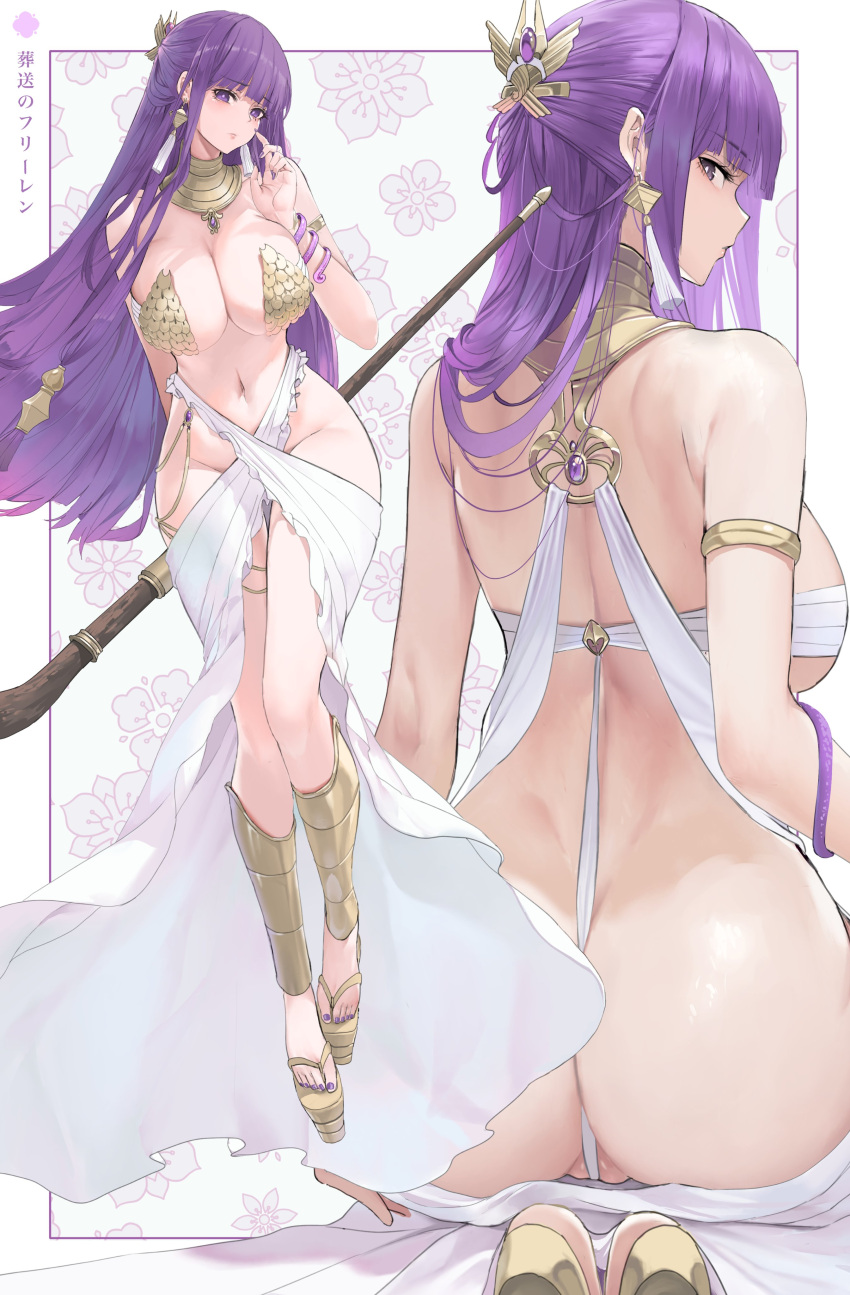 1girl absurdres alternate_costume armlet ass bare_shoulders bikini blush breasts cleavage dishwasher1910 earrings egyptian_clothes fern_(sousou_no_frieren) from_behind full_body gold_bikini groin hair_ornament highres holding holding_staff jewelry kneeling large_breasts long_hair long_legs looking_at_viewer looking_back mage_staff magic_circle multiple_views nail_polish navel parted_lips partially_visible_vulva platform_footwear purple_eyes purple_hair purple_nails revealing_clothes simple_background snake sousou_no_frieren staff swimsuit underboob very_long_hair white_background yellow_footwear
