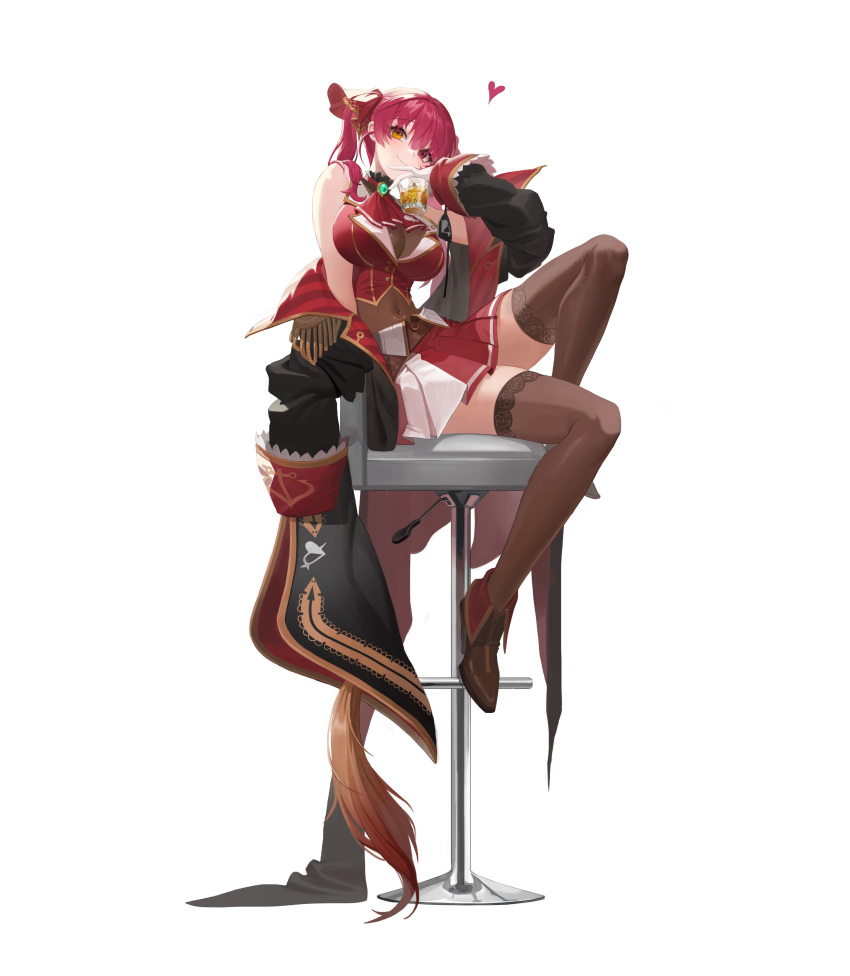 1girl absurdres bar_stool bicorne black_jacket bodysuit bodysuit_under_clothes boots brown_footwear brown_thighhighs cocktail_glass cup dangoose drink drinking_glass full_body hair_ribbon hat heart heterochromia highres holding holding_cup holding_drink hololive houshou_marine houshou_marine_(1st_costume) jacket knee_up looking_at_viewer off_shoulder on_stool pleated_skirt red_hair red_ribbon red_skirt ribbon simple_background sitting skirt solo stool thighhighs twintails two-tone_skirt unworn_hat unworn_headwear white_background white_skirt