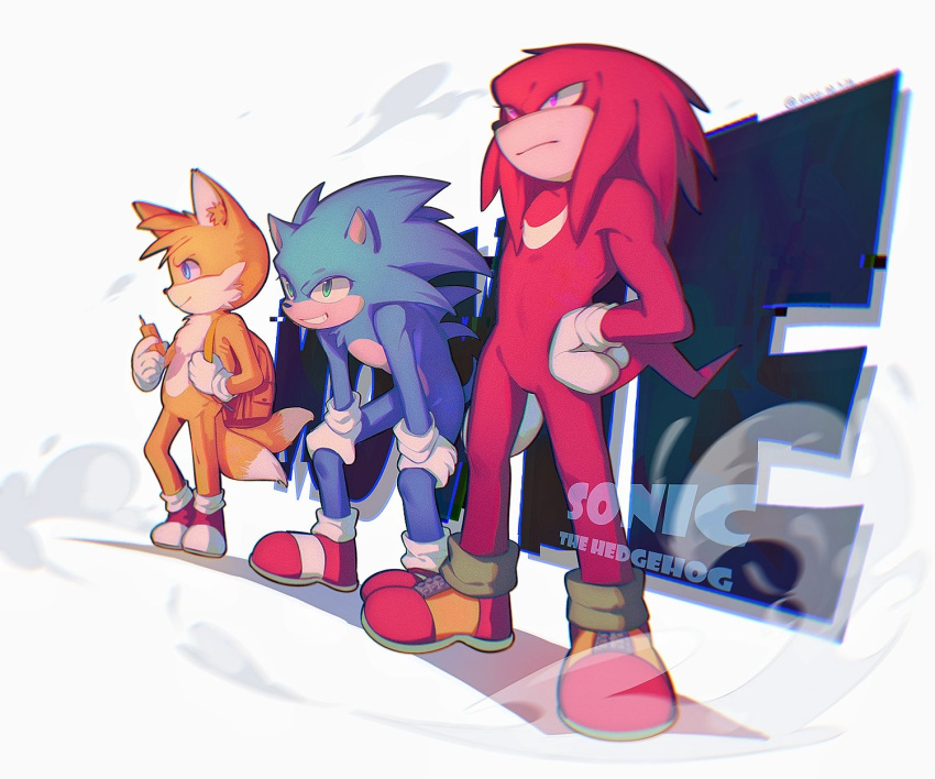 3boys animal_ear_fluff animal_ears animal_nose bag blue_eyes blue_fur brown_bag chinese_commentary closed_mouth commentary_request fox_boy fox_ears fox_tail full_body furry furry_male gloves gold_trim green_eyes green_socks hand_on_own_hip hands_up hedgehog hedgehog_ears hedgehog_tail highres knuckles_the_echidna lazy_kun looking_to_the_side male_focus multiple_boys multiple_tails orange_fur purple_eyes red_footwear red_fur shadow shoes simple_background smile sneakers socks sonic_(series) sonic_the_hedgehog spiked_gloves standing tail tails_(sonic) teeth two_tails white_background white_gloves white_socks