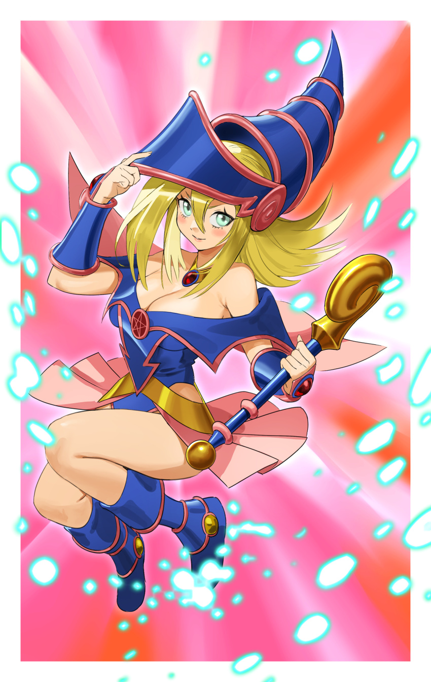 1girl absurdres adjusting_clothes adjusting_headwear bare_shoulders blonde_hair blue_eyes blue_leotard blush breasts cleavage dark_magician_girl hat highres holding holding_staff large_breasts leotard looking_at_viewer medium_hair pink_skirt skirt solo staff unknownid witch_hat yu-gi-oh!