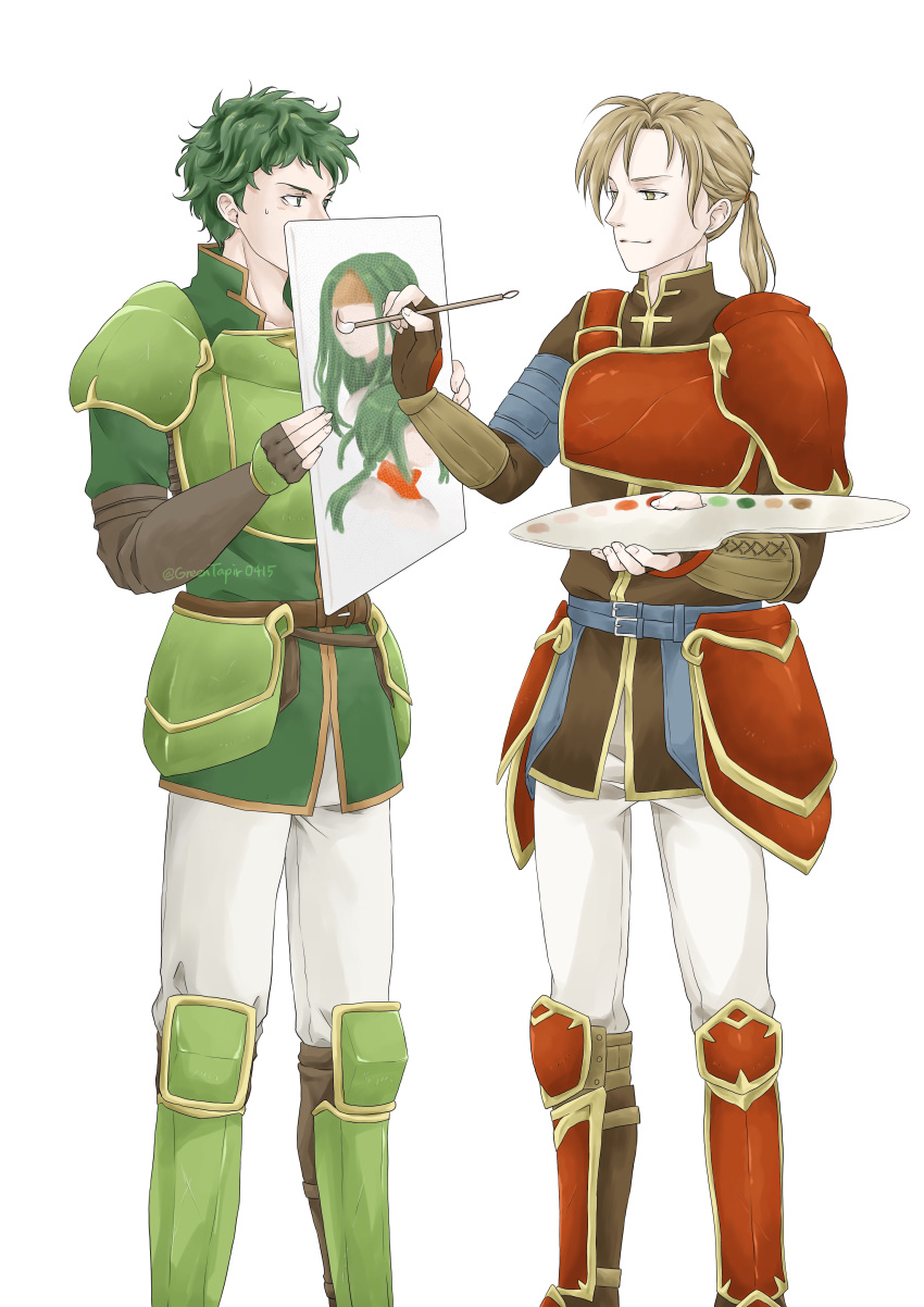 2boys absurdres armor artist_name belt blonde_hair brown_eyes closed_mouth commentary_request fire_emblem fire_emblem:_the_sacred_stones forde_(fire_emblem) green_eyes green_hair highres kyle_(fire_emblem) low_ponytail medium_hair midori_no_baku multiple_boys painting_(action) painting_(object) short_hair simple_background smile standing syrene_(fire_emblem) white_background