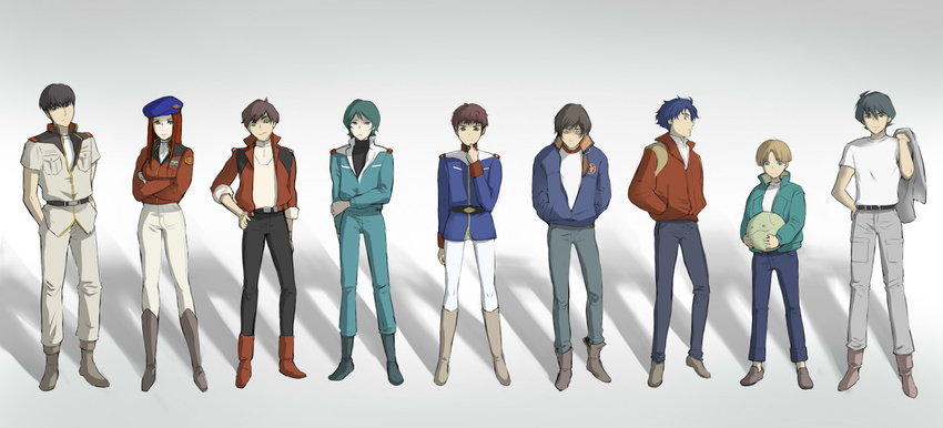 6+boys amuro_ray banagher_links belt beret boots christina_mackenzie ghost_in_the_shell ghost_in_the_shell_lineup ghost_in_the_shell_stand_alone_complex gundam gundam_0080 gundam_0083 gundam_08th_ms_team gundam_f91 gundam_unicorn gundam_zz haro hat highres jacket judau_ashta kamille_bidan kou_uraki lineup military military_uniform mobile_suit_gundam multiple_boys parody seabook_arno shiro_amada tori_(driftwood) uniform uso_ewin victory_gundam zeta_gundam