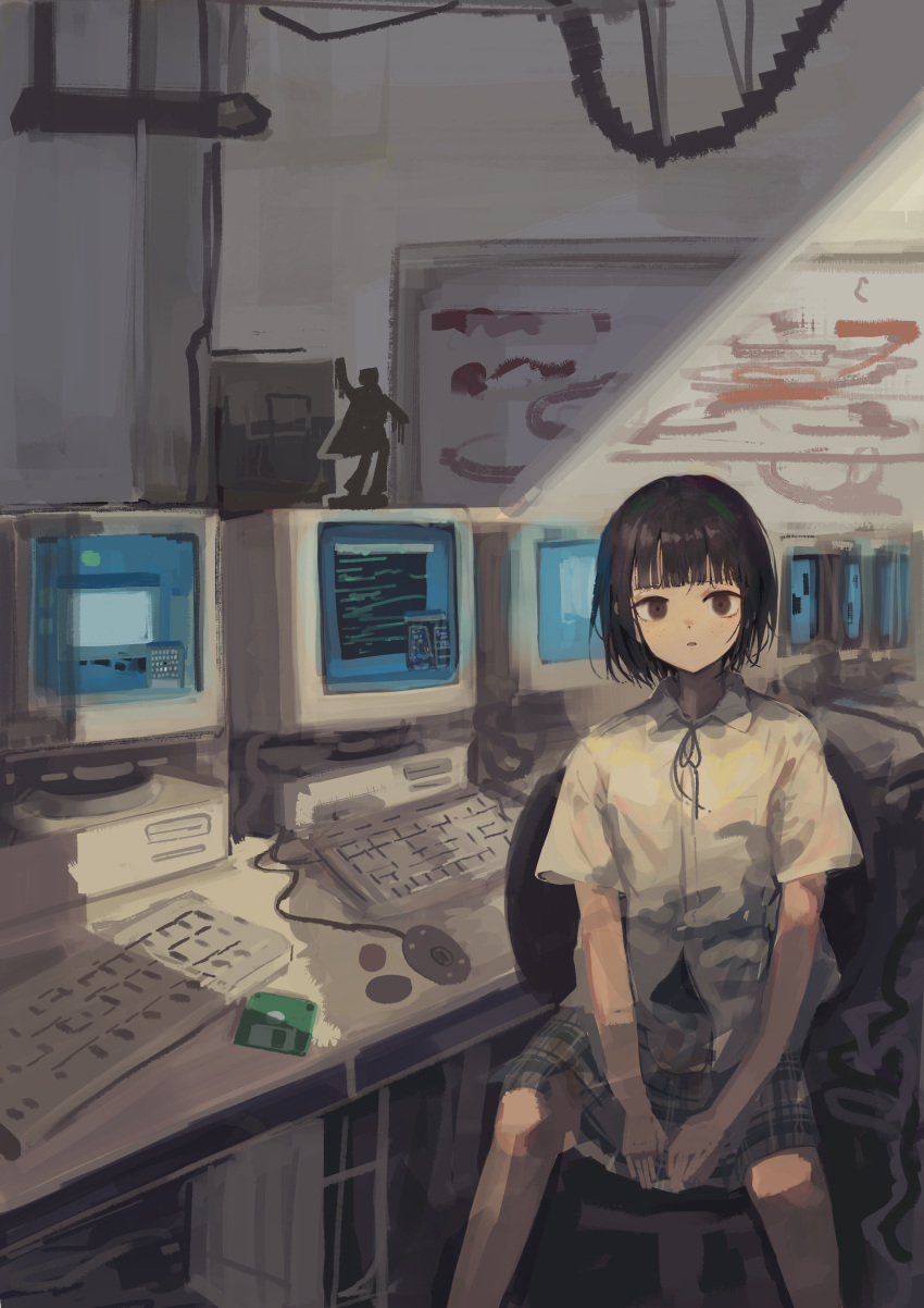 1girl absurdres black_hair brown_eyes crt eliot_(eokaitekaite969) floppy_disk highres indoors keyboard_(computer) looking_at_viewer monitor original school_uniform short_hair sitting solo