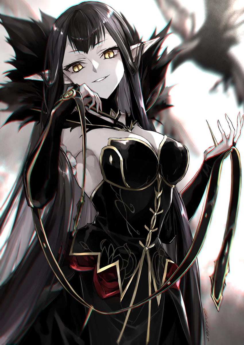 1girl bare_shoulders bird black_dress breasts bridal_gauntlets brown_hair cleavage detached_sleeves dove dress fate/apocrypha fate_(series) fur_trim gold_trim grin highres kino_kokko large_breasts long_hair looking_at_viewer pointy_ears semiramis_(fate) sidelocks slit_pupils smile solo spikes very_long_hair yellow_eyes