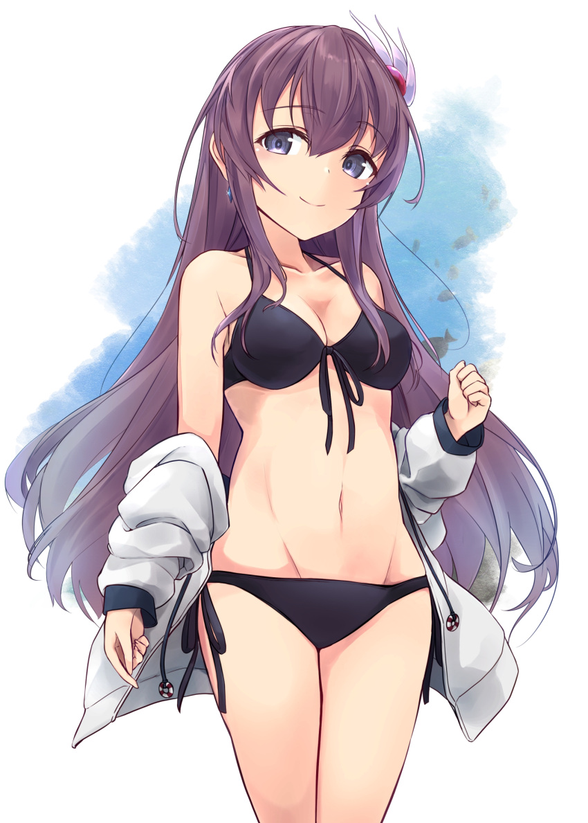 1girl bikini black_bikini blue_background blush breasts brown_hair collarbone cowboy_shot gradient_background hair_ornament highres jacket kantai_collection kisaragi_(kancolle) long_hair long_sleeves looking_at_viewer minosu purple_eyes small_breasts smile solo swimsuit track_jacket white_background