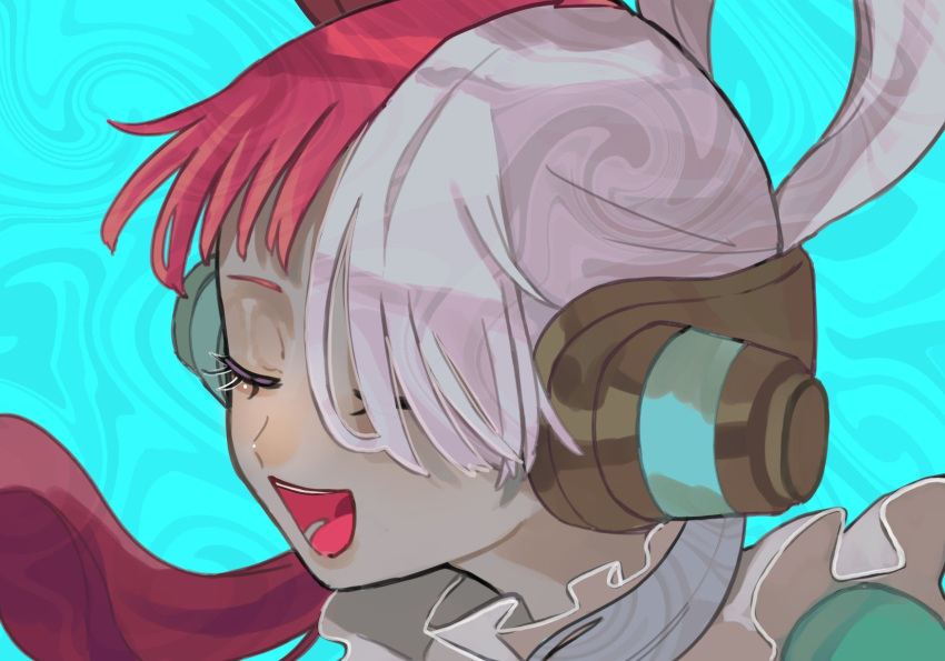1girl blue_background close-up closed_eyes commentary headphones highres multicolored_hair music one_eye_closed one_piece one_piece_film:_red open_mouth red_hair singing solo two-tone_hair uta_(one_piece) waniwani_zatta white_hair