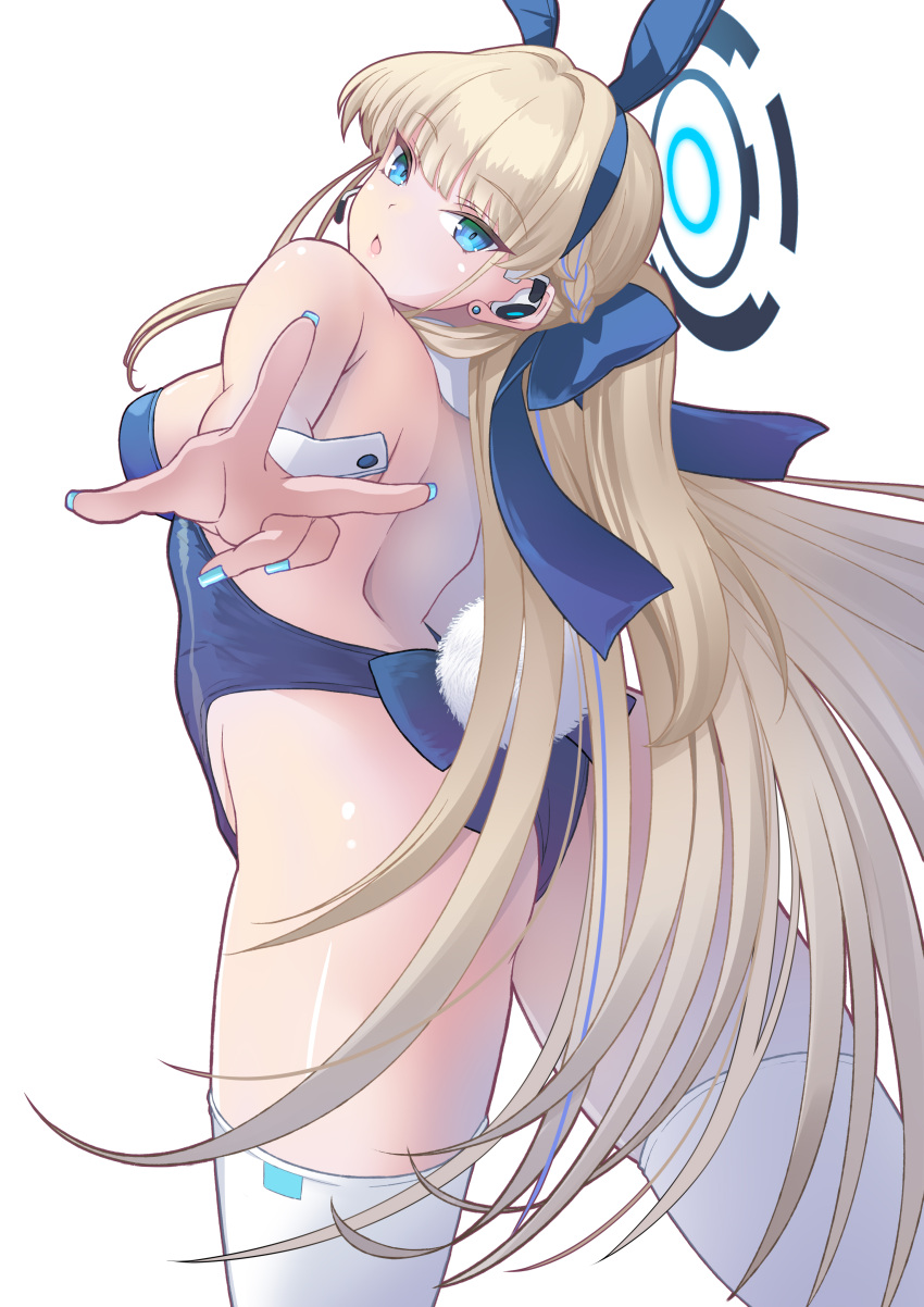 1girl absurdres animal_ears bare_shoulders blue_archive blue_leotard blush breasts detached_collar earpiece fake_animal_ears fake_tail halo highleg highleg_leotard highres kogarasu1st leotard long_hair looking_at_viewer medium_breasts open_mouth playboy_bunny rabbit_ears rabbit_tail solo tail toki_(blue_archive) toki_(bunny)_(blue_archive) wrist_cuffs