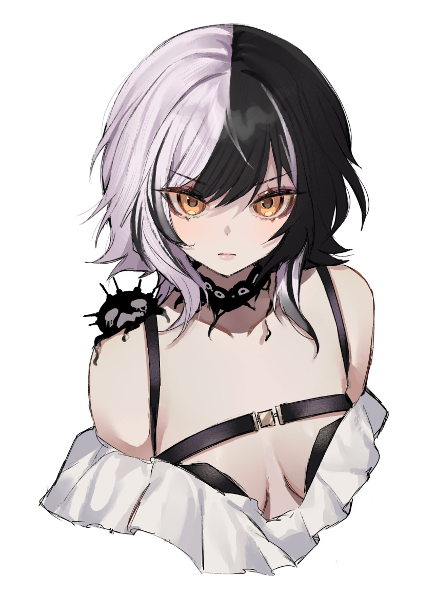 1girl absurdres alternate_hairstyle belt black_belt black_choker black_hair blob breasts chest_belt choker closed_mouth commentary cropped_torso english_commentary grey_hair hair_between_eyes highres hololive hololive_english lace lace_choker large_breasts looking_at_viewer medium_hair miclipse multicolored_hair serious shiori_novella simple_background solo split-color_hair two-tone_hair v-shaped_eyebrows virtual_youtuber white_background yellow_eyes yorick_(shiori_novella)