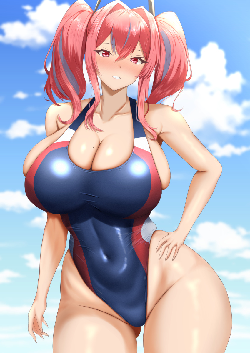 1girl alternate_costume ass_visible_through_thighs azur_lane bare_shoulders blue_one-piece_swimsuit blue_sky blush breasts bremerton_(azur_lane) cleavage cloud collarbone commentary competition_swimsuit covered_navel cowboy_shot crossed_bangs day grey_hair grin groin hair_between_eyes hair_intakes hand_on_own_hip highleg highres huge_breasts long_hair looking_at_viewer multicolored_hair no_mole one-piece_swimsuit pink_eyes pink_hair ranhatu revision sidelocks skindentation sky smile solo standing streaked_hair swimsuit teeth twintails two-tone_hair