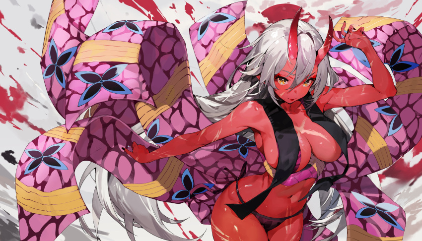 1girl absurdres akumi_(yoclesh) ayumeyatto black_nails black_pantyhose black_stole bra colored_skin double-parted_bangs highres horns long_hair looking_at_viewer oni pantyhose purple_bra red_oni red_skin scar scar_on_arm scar_on_chest scar_on_face scar_on_leg stole underwear virtual_youtuber vyugen white_hair yellow_eyes