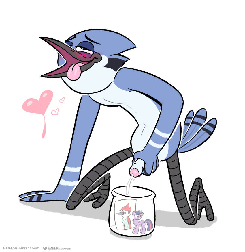 absurd_res anthro avian bird blue_body blue_feathers blue_jay blush bodily_fluids cartoon_network corvid cum cumshot ejaculation feathers foreskin friendship_is_magic genital_fluids genitals hand_on_penis hasbro hi_res jay_(bird) kneeling male margaret_smith_(regular_show) masturbation mordecai_(regular_show) my_little_pony narrowed_eyes new_world_jay nikraccoom open_mouth orgasm_face oscine passerine penis regular_show solo solo_focus tongue tongue_out twilight_sparkle_(mlp)