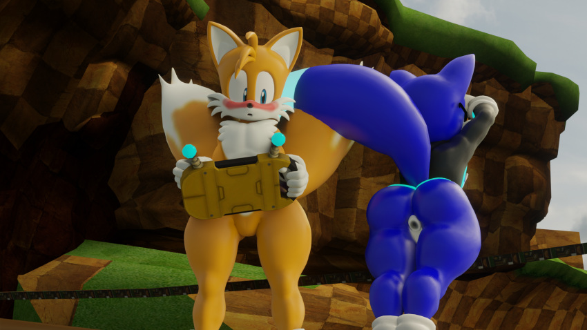 16:9 3d_(artwork) anthro anus blush canid canine chest_crystal chrystix_(twintails3d) computer crystal digital_media_(artwork) duo electronics fan_character fox hi_res leaning leaning_forward male mammal miles_prower raised_tail sega sonic_the_hedgehog_(series) tail twintails3d wide_hips widescreen