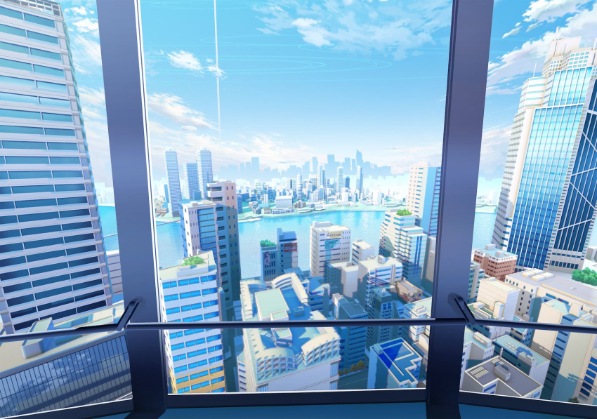 blue_archive blue_sky building cityscape cloud game_cg handrail highres landscape no_humans non-web_source official_art river sky skyscraper window