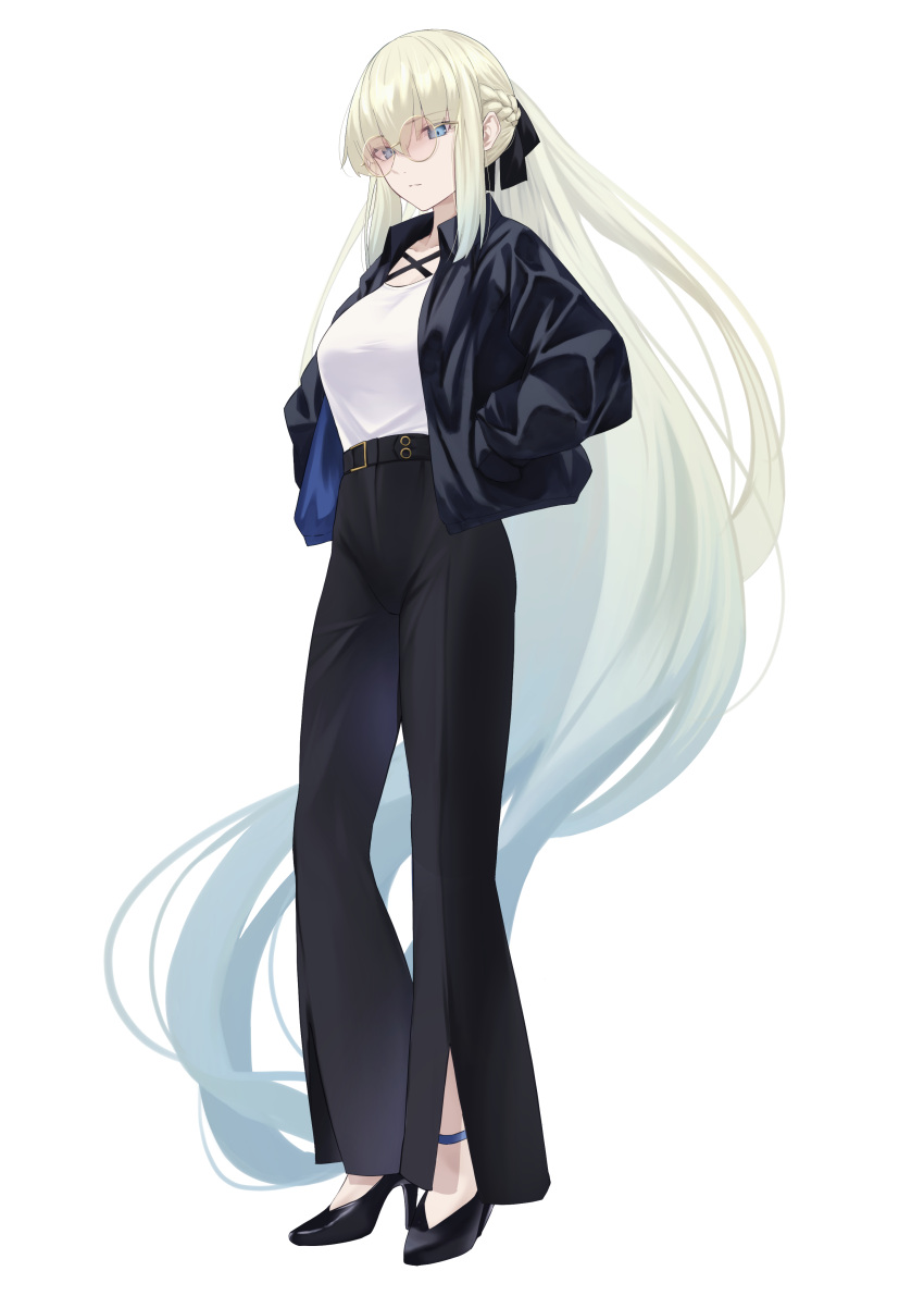 1girl absurdly_long_hair absurdres alternate_costume belt black_belt black_footwear black_jacket black_pants black_ribbon blue_eyes blue_hair braid closed_mouth collarbone fate/grand_order fate_(series) full_body gradient_hair hair_ribbon half_updo hands_in_pockets high_heels highres jacket long_hair looking_at_viewer morgan_le_fay_(fate) multicolored_hair no_socks okuma707 pants ponytail ribbon rimless_eyewear shirt shirt_tucked_in sidelocks simple_background solo tinted_eyewear very_long_hair white_background white_hair white_shirt