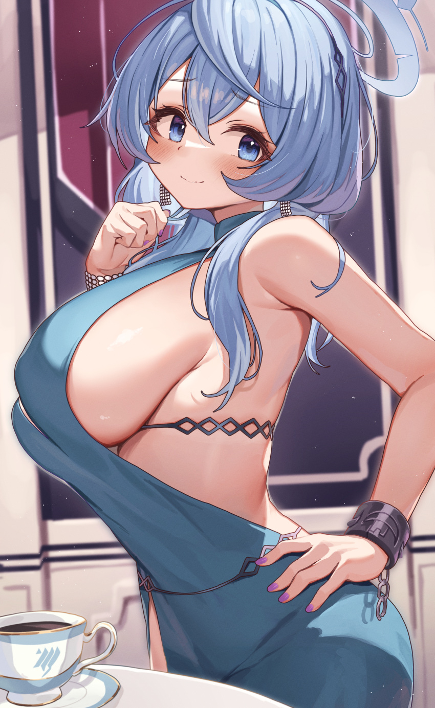1girl absurdres ako_(blue_archive) ako_(dress)_(blue_archive) backless_dress backless_outfit black_hairband blue_archive blue_dress blue_eyes blue_hair blue_halo blush breasts closed_mouth coffee cuffs cup dress fingernails hair_between_eyes hairband halo hand_on_own_hip handcuffs highres large_breasts long_hair looking_at_viewer nail_polish official_alternate_costume purple_nails sideboob sleeveless sleeveless_dress solo wavy_mouth yuk_(pakyaru)