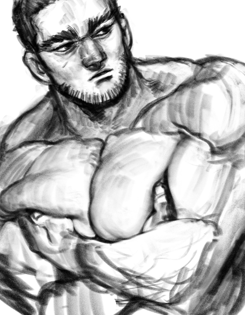 1boy bara beard_stubble buzz_cut chest_hair covering_chest covering_privates facial_hair golden_kamuy greyscale highres kasuke_(li_tgknk) large_pectorals looking_to_the_side male_focus mature_male monochrome muscular muscular_male nude pectoral_lift pectorals short_hair sketch solo stubble tanigaki_genjirou thick_eyebrows upper_body very_short_hair