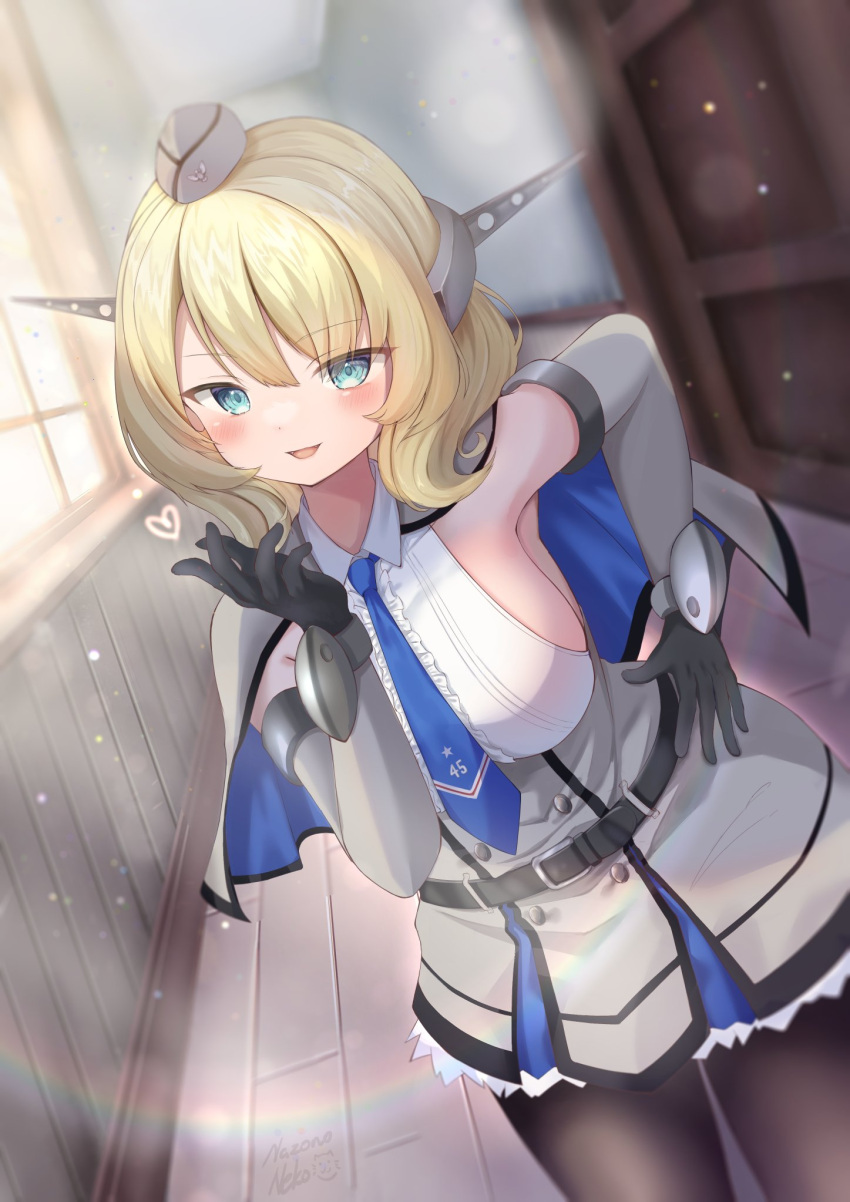 1girl black_pantyhose blonde_hair blowing_kiss blue_eyes blue_necktie breasts capelet colorado_(kancolle) cowboy_shot dress dutch_angle elbow_gloves garrison_cap gloves grey_capelet grey_dress grey_gloves grey_headwear hallway hat headgear highres kantai_collection large_breasts nazono_neko necktie pantyhose shirt short_hair sideboob sleeveless sleeveless_shirt solo white_shirt