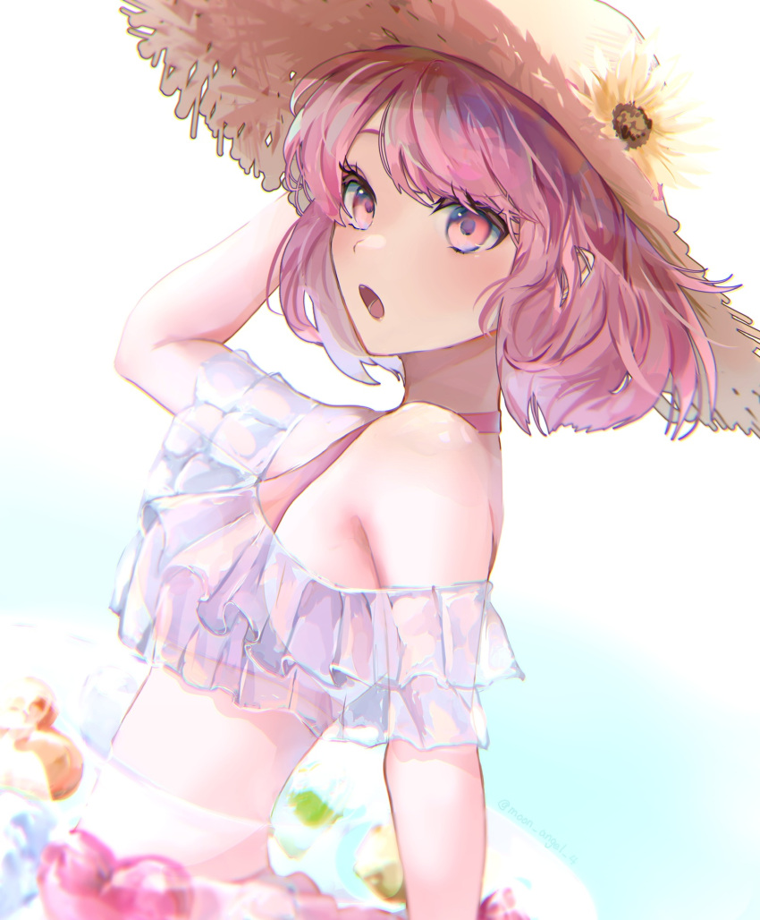 1girl bikini blush breasts hat highres indie_utaite mebuki_(moon_angel_4) medium_breasts nqrse open_mouth pink_eyes puffy_chest purple_hair solo straw_hat swimsuit