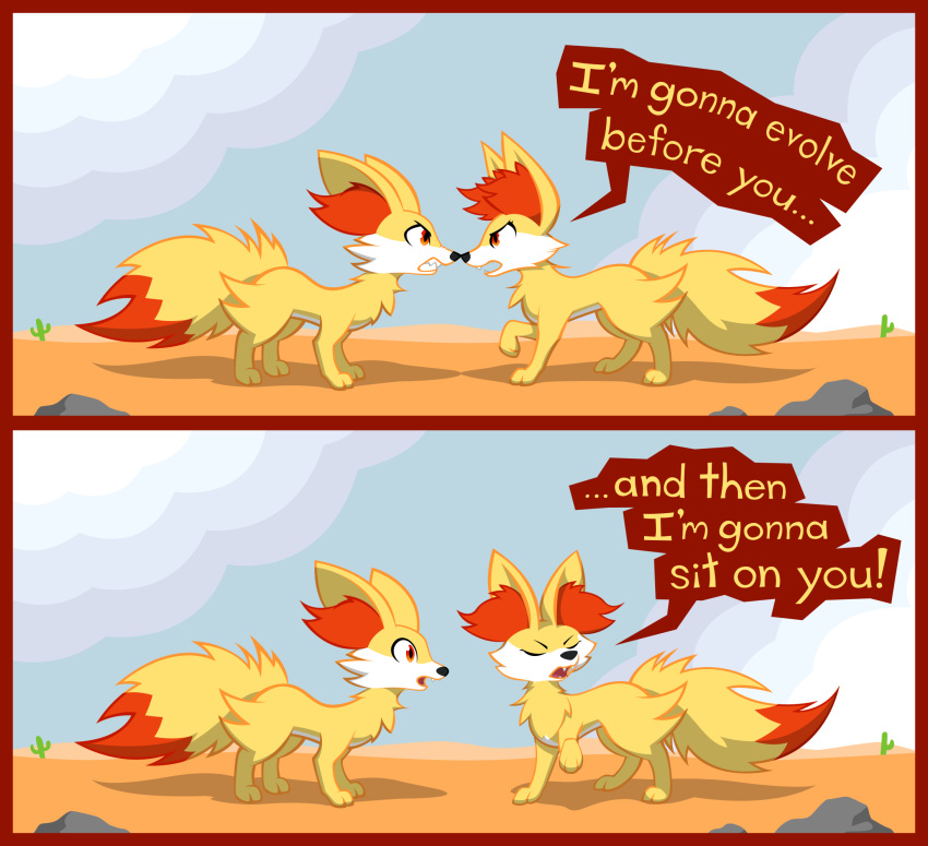 ambiguous_gender argument black_nose cactus desert dialogue digital_media_(artwork) dipstick_tail duo english_text eye_contact eyes_closed fangs fennekin feral fur generation_6_pokemon hi_res hlavco inner_ear_fluff looking_at_another looking_away markings multicolored_tail nintendo nose_to_nose open_mouth orange_eyes outside plant pokemon pokemon_(species) red_body red_eyes red_fur rock snarling speech_bubble surprised_expression tail tail_markings talking_feral teeth text tuft white_body white_fur yellow_body yellow_fur