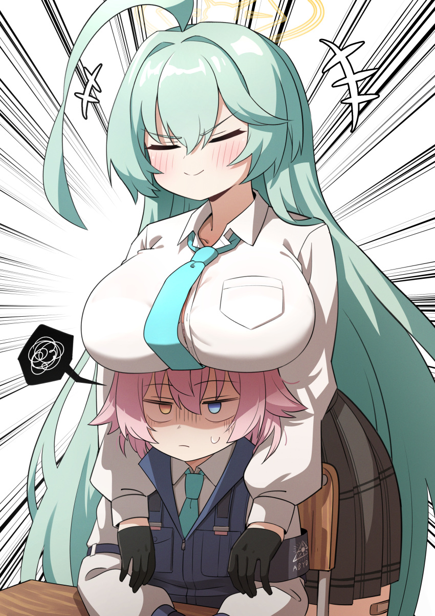 +++ 2girls absurdres ahoge black_gloves black_skirt blue_archive blue_eyes blue_necktie blush breasts chair closed_eyes closed_mouth collared_shirt desk emphasis_lines gloves golmonggu green_hair halo heterochromia highres hoshino_(blue_archive) hoshino_(young)_(blue_archive) huge_ahoge huge_breasts long_hair long_sleeves multiple_girls necktie pink_hair pleated_skirt school_chair school_desk shirt short_hair simple_background sitting skirt smile spoken_squiggle squiggle white_background white_shirt yellow_eyes yellow_halo yume_(blue_archive)