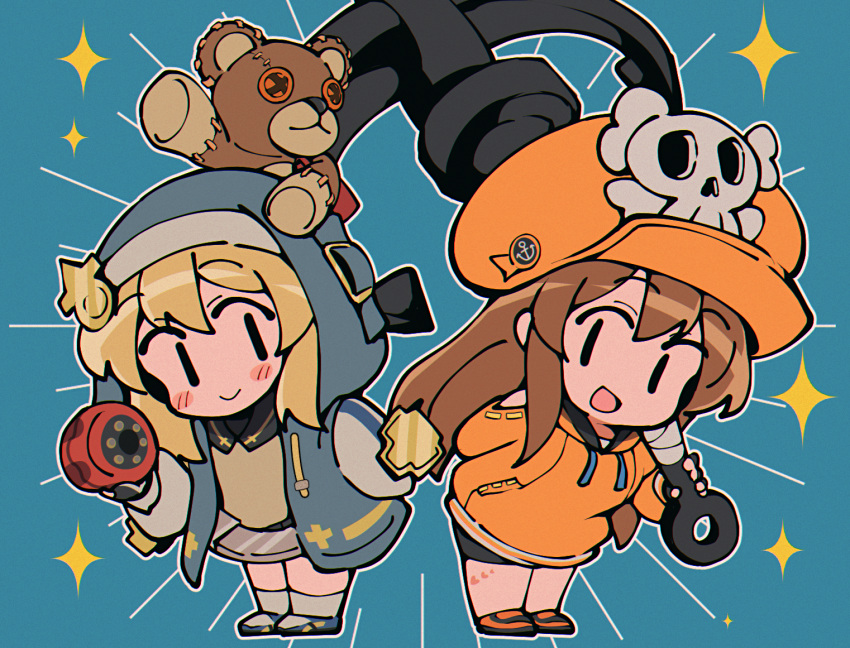 1boy 1girl anchor androgyne_symbol black_gloves blonde_hair blush bridget_(guilty_gear) brown_hair cabbie_hat chibi fingerless_gloves gloves guilty_gear guilty_gear_strive habit hat hat_ornament holding holding_anchor hood hood_up hooded_jacket hoodie itsuka_neru jacket long_hair looking_at_viewer may_(guilty_gear) medium_hair open_mouth orange_footwear orange_headwear orange_hoodie otoko_no_ko roger_(guilty_gear) skull_and_crossbones skull_hat_ornament smile stuffed_animal stuffed_toy teddy_bear yo-yo