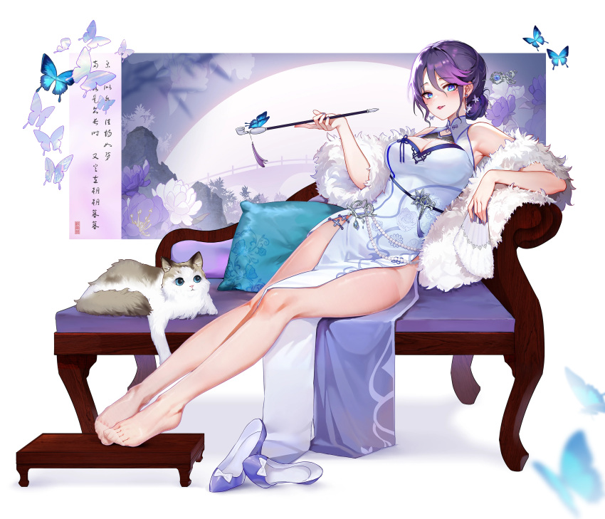 1girl absurdres bare_shoulders blue_butterfly blue_eyes breasts bridge bug butterfly cat chair china_dress chinese_clothes chinese_text cleavage cleavage_cutout clothing_cutout cushion dress eoe feather_boa floral_print flower folding_fan footstool full_body hair_bun hair_flower hair_ornament hand_fan high_heels highres holding holding_fan holding_smoking_pipe large_breasts long_dress looking_at_viewer lying mature_female no_shoes on_side pantyhose parted_lips pelvic_curtain purple_footwear purple_hair purple_nails red_lips renjian_meihao_guanceji see-through see-through_legwear shoes short_hair sitting sleeveless sleeveless_dress smoking_pipe solo unworn_shoes virtual_youtuber white_background white_dress white_flower yumo_(eoe)