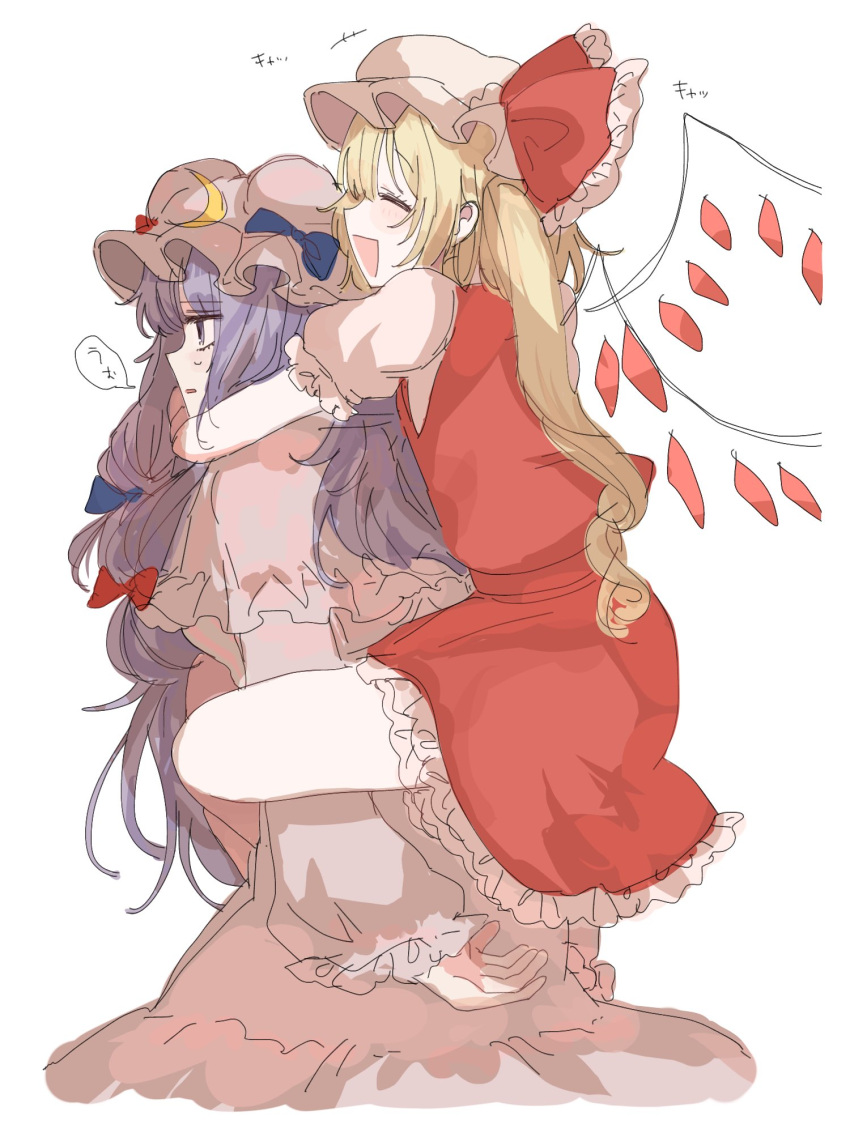 2girls blonde_hair blue_bow bow capelet carrying carrying_person cellphone closed_mouth crescent crescent_hat_ornament crystal_wings dress flandre_scarlet frilled_bow frilled_capelet frilled_skirt frills from_side hair_bow hairband hands_on_another's_shoulders hat hat_bow hat_ornament highres long_hair long_sleeves looking_ahead multiple_girls open_mouth patchouli_knowledge phone piggyback puffy_short_sleeves puffy_sleeves purple_capelet purple_dress purple_eyes purple_hair purple_hairband red_bow shamo_tarou short_sleeves side_ponytail sidelocks simple_background skirt smile speech_bubble sweatdrop touhou translation_request upper_body white_background white_headwear