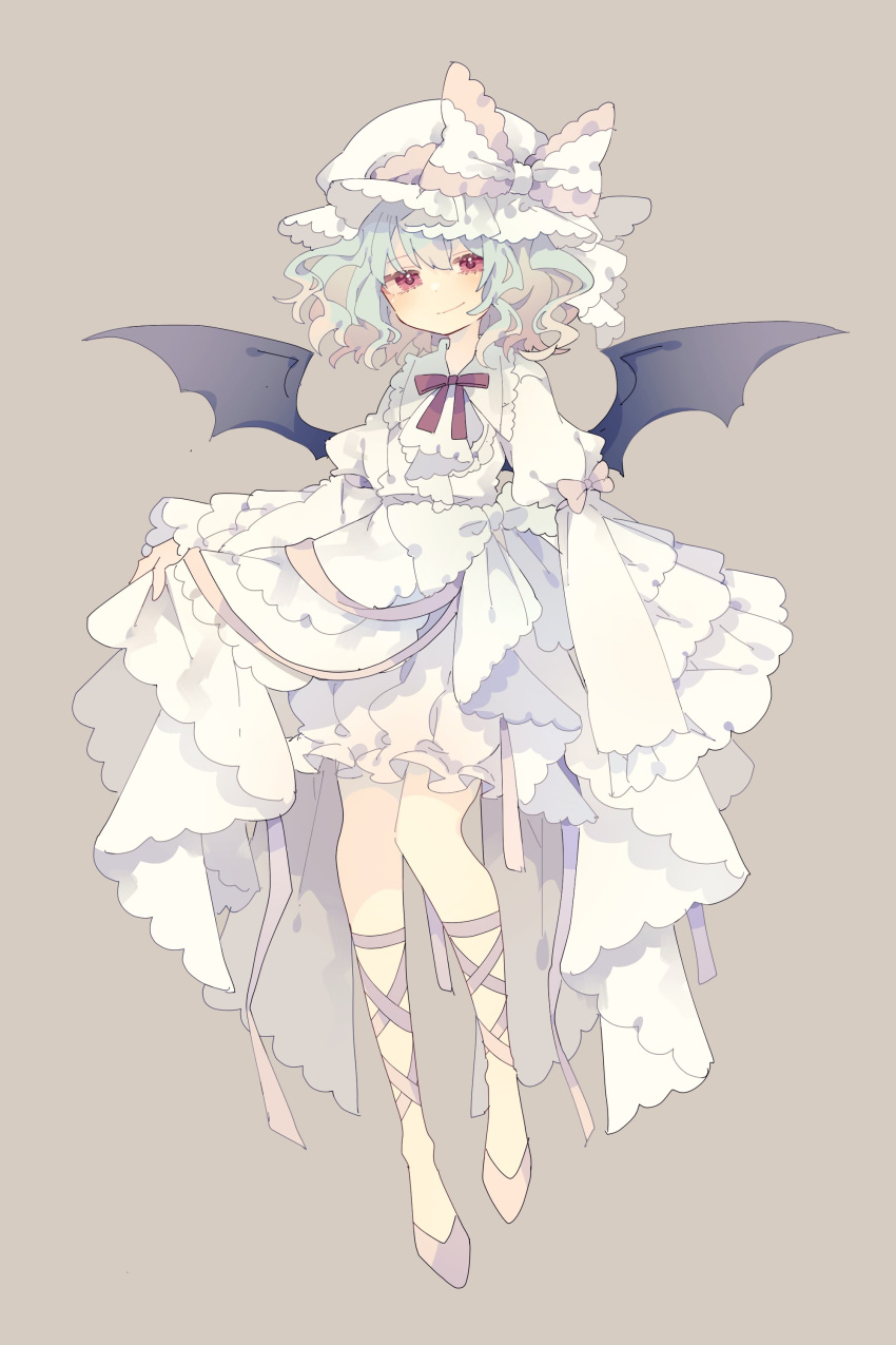 1girl absurdres alternate_costume bat_wings black_wings bloomers blue_hair blush closed_mouth dress full_body grey_background hair_between_eyes hat highres juliet_sleeves long_sleeves nikorashi-ka pink_footwear puffy_sleeves red_eyes remilia_scarlet shoes short_hair simple_background solo touhou white_bloomers white_dress white_headwear wings