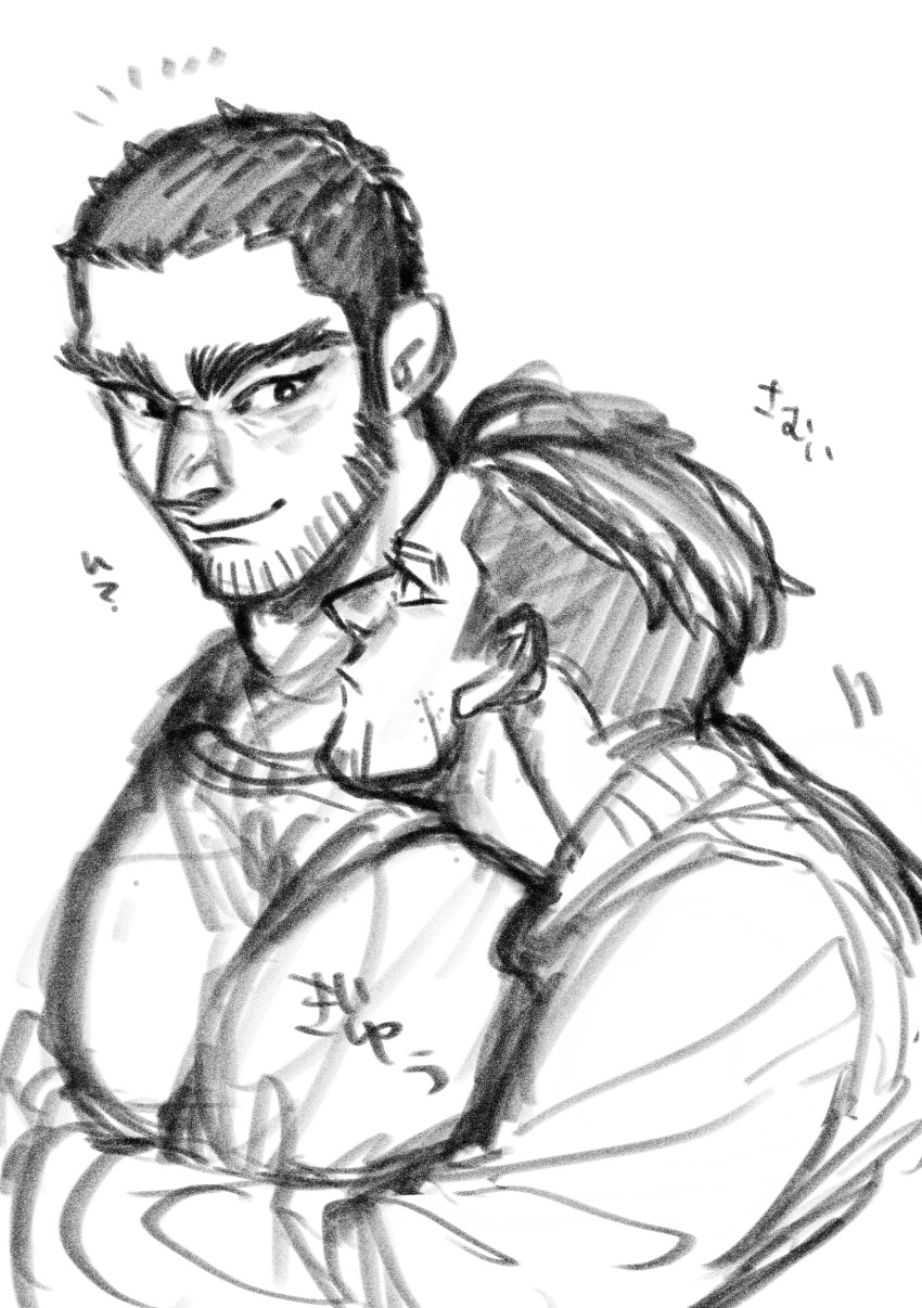 2boys absurdres bara beard_stubble blank_stare buzz_cut couple eye_contact facial_hair from_side golden_kamuy greyscale happy_aura head_on_another's_shoulder highres hug hug_from_behind kasuke_(li_tgknk) looking_at_another loose_hair_strand male_focus mature_male monochrome multiple_boys muscular muscular_male ogata_hyakunosuke pectorals short_hair sketch smile stubble tanigaki_genjirou thick_eyebrows very_short_hair yaoi