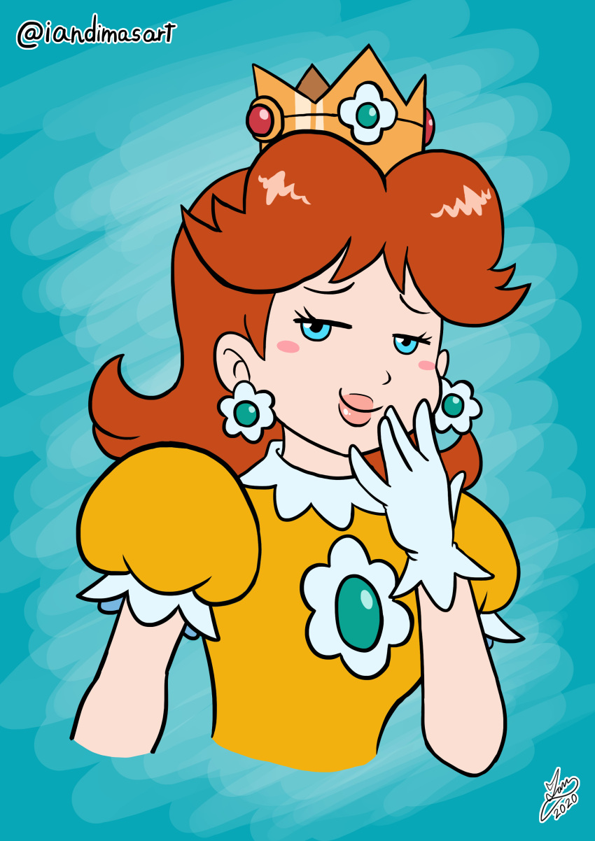 1girl absurdres artist_name blue_eyes brown_hair crown dress earrings flipped_hair flower_brooch flower_earrings gloves half-closed_eyes highres ian_dimas jewelry mario_(series) medium_hair orange_dress parted_bangs princess princess_daisy puffy_short_sleeves puffy_sleeves short_sleeves solo twitter_username white_gloves yellow_dress