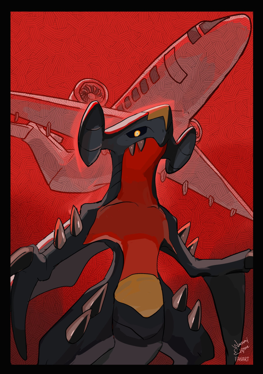 absurdres aircraft airplane artist_name black_border black_sclera border colored_sclera commentary garchomp highres narumi_hyou no_humans pokemon pokemon_(creature) red_background sharp_teeth slit_pupils spikes standing teeth twitter_username yellow_eyes