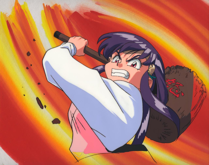 90s angry artist_request cel clenched_teeth hammer masaki_aeka_jurai orange_background purple_hair red_eyes solo teeth tenchi_muyou!