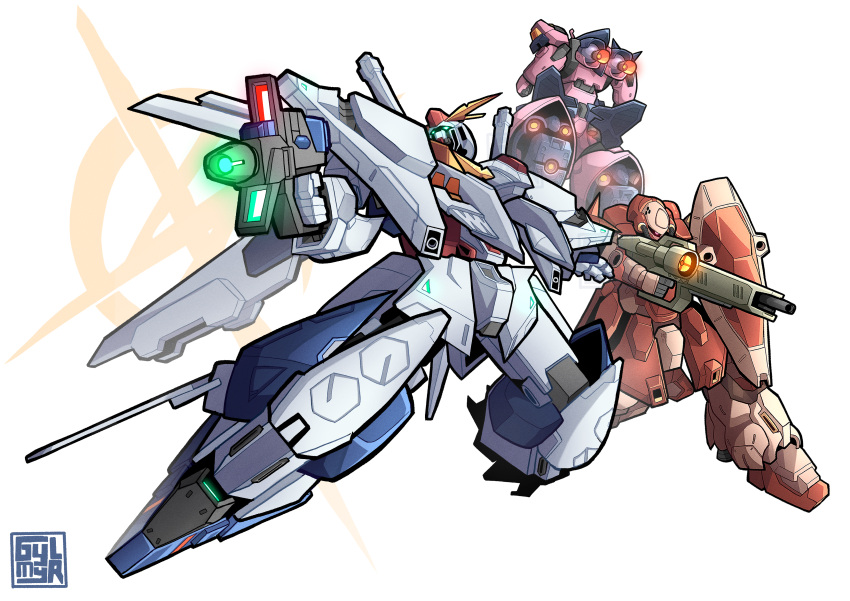 absurdres artist_logo beam_rifle emblem energy_gun english_commentary full_body green_eyes gun gundam gundam_hathaway's_flash gylmyr highres holding holding_gun holding_weapon mecha messer_(mobile_suit) mobile_suit no_humans robot science_fiction shield thrusters v-fin weapon white_background xi_gundam