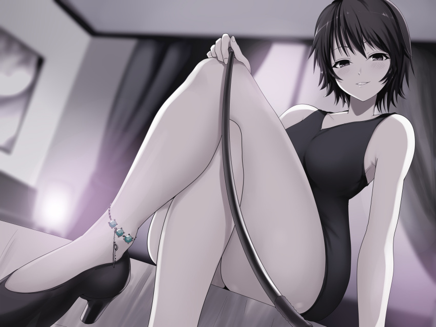 1girl anklet bedroom black_dress black_eyes black_footwear black_hair crossed_legs dress high_heels highres holding holding_leash indoors jewelry kasai_shin lamp leash on_bed original pov short_hair sitting smile solo viewer_on_leash