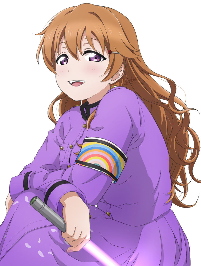 1girl absurdres armband collared_dress commentary commentary_request dress glowstick hair_between_eyes highres holding_glowstick konoe_kanata long_hair long_sleeves looking_at_viewer love_live! love_live!_nijigasaki_high_school_idol_club open_mouth orange_hair penlight_(glowstick) purple_dress purple_eyes rainbow_print ryouran!_victory_road_(love_live!) sidelocks solo teeth umnh-o upper_body upper_teeth_only wavy_hair white_armband white_background