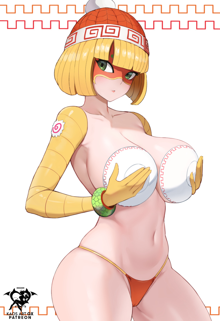 1girl arms_(game) artist_name beanie bikini bikini_bottom_only blonde_hair blunt_bangs bracelet breasts closed_mouth collarbone covering_breasts covering_privates cowboy_shot cup green_eyes hat highres jewelry kaos_art knit_hat large_breasts looking_at_viewer mask min_min_(arms) navel orange_bikini orange_headwear short_hair skindentation solo stomach swimsuit topless white_background