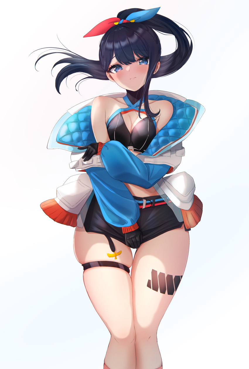 1girl absurdres arms_up bare_shoulders black_gloves black_hair blue_eyes blue_jacket blue_ribbon breasts cleavage_cutout closed_mouth clothing_cutout commentary_request criss-cross_halter embarrassed floating_hair frown gloves gradient_background gridman_universe hair_behind_ear hair_ornament hair_ribbon halterneck hand_on_own_crotch highres holding jacket leg_tattoo logo long_hair long_sleeves looking_at_viewer medium_breasts microskirt midriff multicolored_clothes multicolored_jacket navel off_shoulder official_alternate_costume pink_socks ponytail red_ribbon ribbon sidelocks skindentation skirt skirt_tug socks ssss.gridman standing stomach takarada_rikka tattoo terra_bose thick_thighs thigh_gap thigh_strap thighs