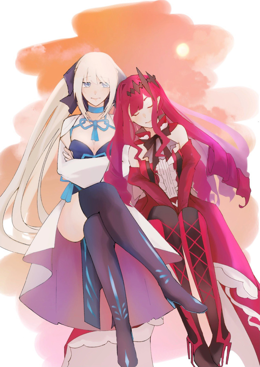 2girls baobhan_sith_(fate) baobhan_sith_(first_ascension)_(fate) bare_shoulders black_bow black_footwear boots bow breasts cleavage closed_eyes crossed_arms crossed_legs detached_sleeves dress embarrassed fate/grand_order fate_(series) grey_eyes hair_bow hair_ornament high_heel_boots high_heels highres leaning_on_person long_hair mabotofu_maki morgan_le_fay_(fate) mother_and_daughter multicolored_background multiple_girls orange_background pink_hair pointy_ears ponytail red_dress red_footwear sidelocks sitting smile thigh_boots thighs white_background white_dress white_hair