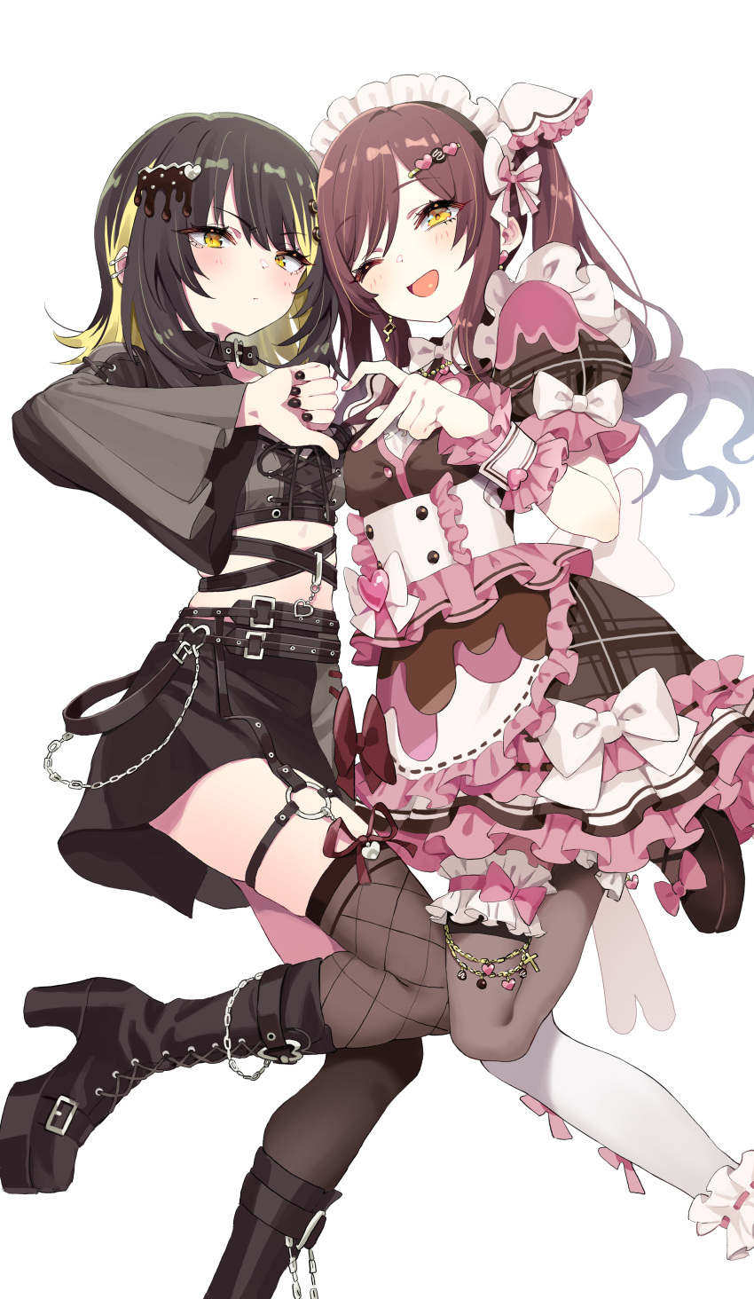 2girls absurdres black_hair black_nails black_pantyhose black_skirt blonde_hair boots breasts brown_hair cleavage closed_mouth dress heart heart_hands heart_hands_duo heart_hands_failure high_heels highres idolmaster idolmaster_shiny_colors idolmaster_shiny_colors_song_for_prism ikaruga_luca kunikune large_breasts multicolored_hair multiple_girls one_eye_closed open_clothes osaki_amana pantyhose simple_background skirt smile thighhighs thumbs_down valentine white_background yellow_eyes