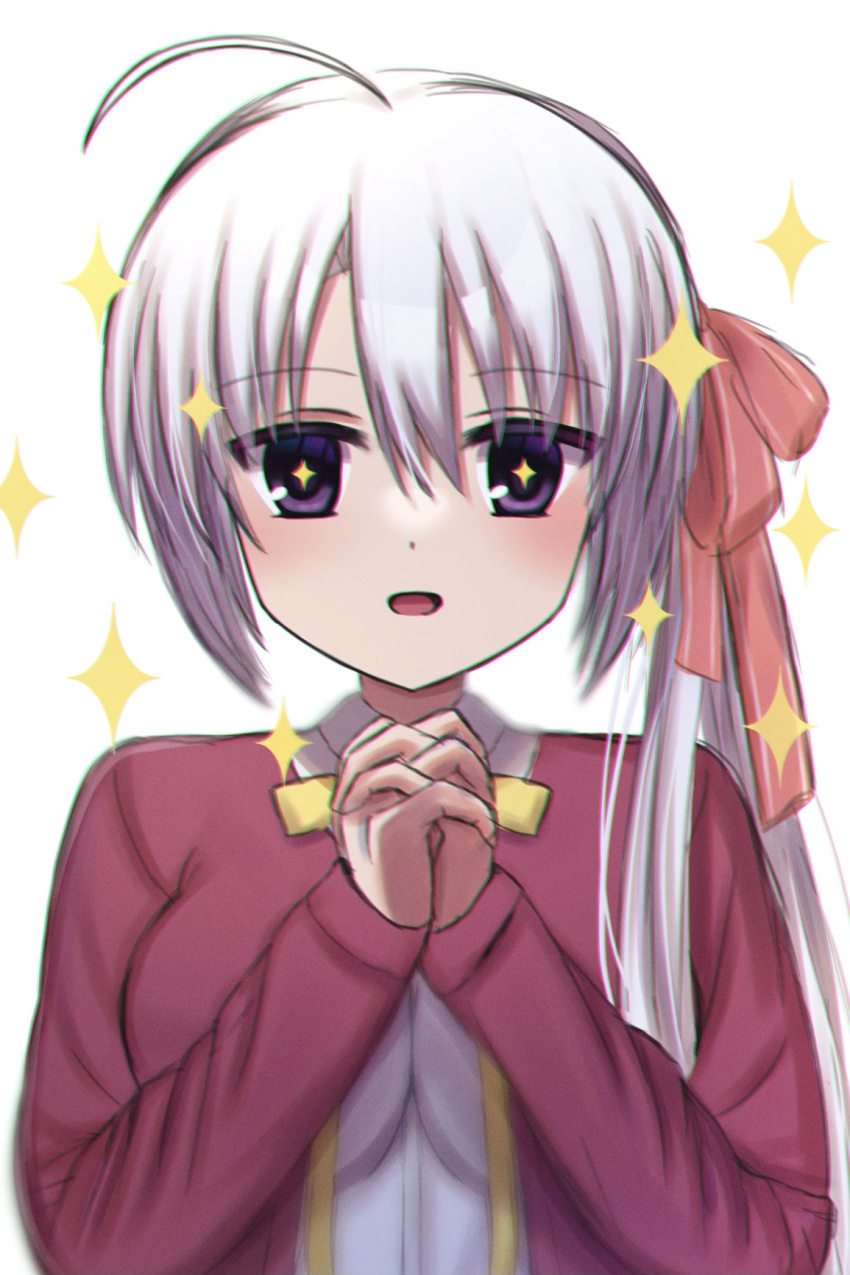 +_+ 1girl :d ahoge ayachi_nene blush casual colored_eyelashes commentary excited grey_hair hair_between_eyes hair_ribbon hand_up highres interlocked_fingers jacket long_hair looking_at_viewer mahigu_re neck_ribbon official_alternate_costume official_alternate_hairstyle open_mouth own_hands_together purple_eyes red_jacket red_ribbon ribbon sanoba_witch shirt side_ponytail simple_background sleeves_past_wrists smile solo sparkle straight-on straight_hair upper_body white_background white_shirt yellow_ribbon