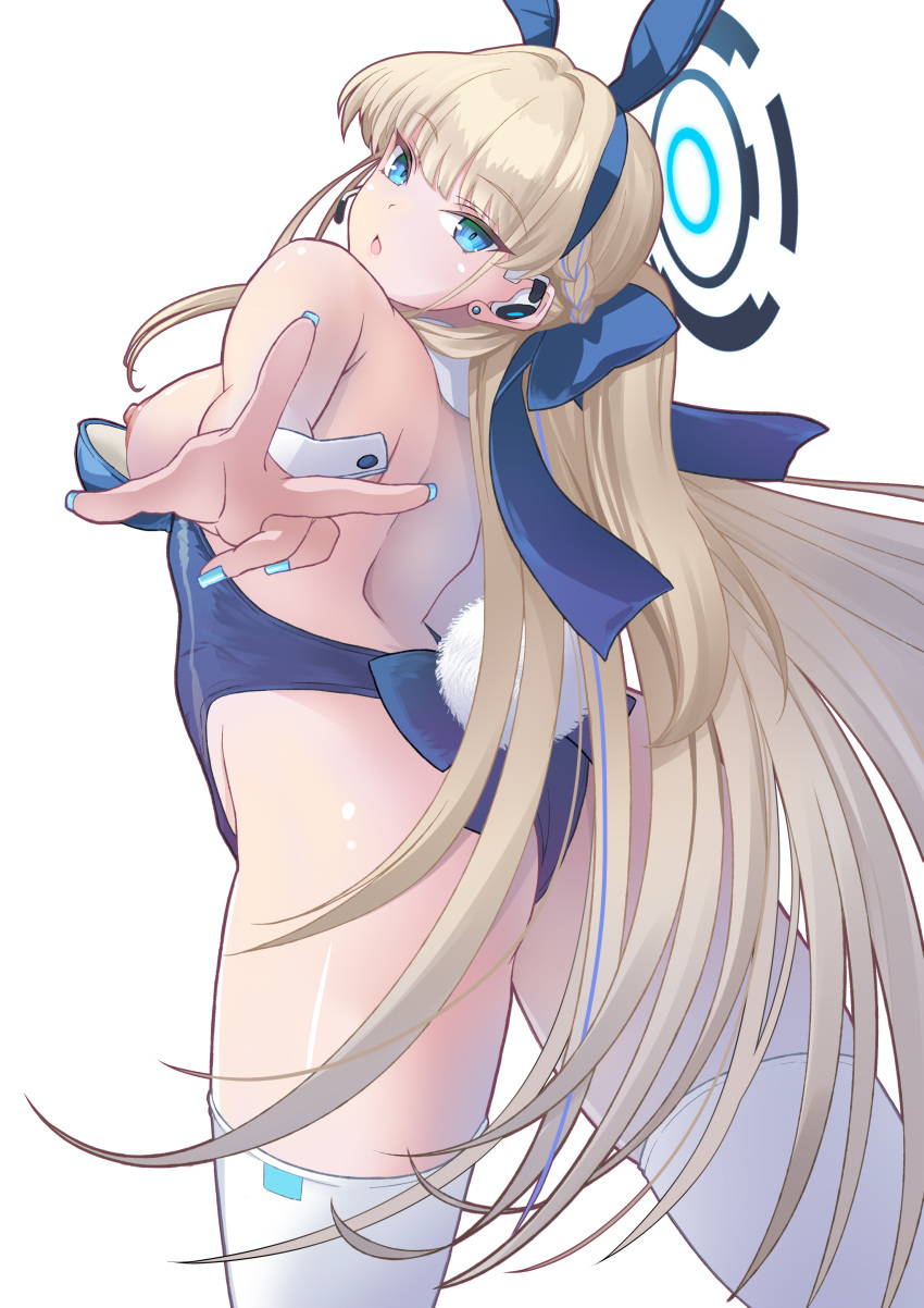 1girl absurdres animal_ears bare_shoulders blue_archive blue_leotard blush breasts breasts_out detached_collar earpiece fake_animal_ears fake_tail halo highleg highleg_leotard highres kogarasu1st leotard long_hair looking_at_viewer medium_breasts nipples open_mouth playboy_bunny rabbit_ears rabbit_tail solo tail toki_(blue_archive) toki_(bunny)_(blue_archive) wrist_cuffs
