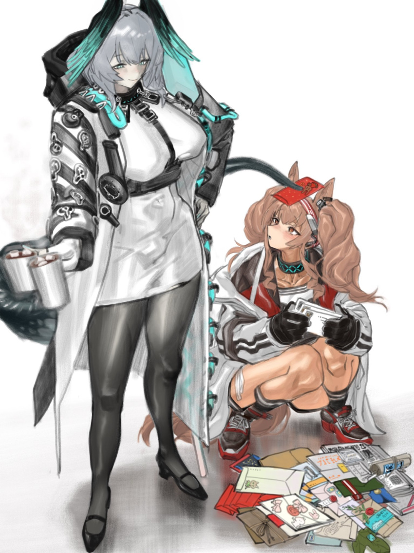 2girls :o angelina_(arknights) animal_ears aqua_eyes aqua_wings bare_legs belt between_breasts black_belt black_footwear black_gloves black_pantyhose black_shorts black_socks black_tail black_wings blunt_bangs blush breasts brown_eyes coat collarbone cup dress feathered_wings fingerless_gloves food fox_ears fox_girl full_body gloves grey_hair grey_jacket hair_between_eyes hairband hand_on_own_hip hazbin_hotel head_wings high_heels highres hitobashira_(1746164306) ho'olheyak_(arknights) holding holding_cup holding_letter hongbao hood hooded_coat hot_chocolate infection_monitor_(arknights) jacket kneehighs kneeling large_breasts letter looking_at_viewer marshmallow medium_hair multicolored_clothes multicolored_coat multicolored_jacket multiple_girls open_clothes open_coat open_jacket pantyhose pencil_dress red_hairband scales shirt short_dress short_hair shorts sidelocks simple_background sitting slit_pupils smile snake_tail socks strap_between_breasts striped_clothes striped_jacket tail twintails two-tone_coat two-tone_jacket two-tone_wings white_background white_dress white_gloves white_jacket white_shirt wings