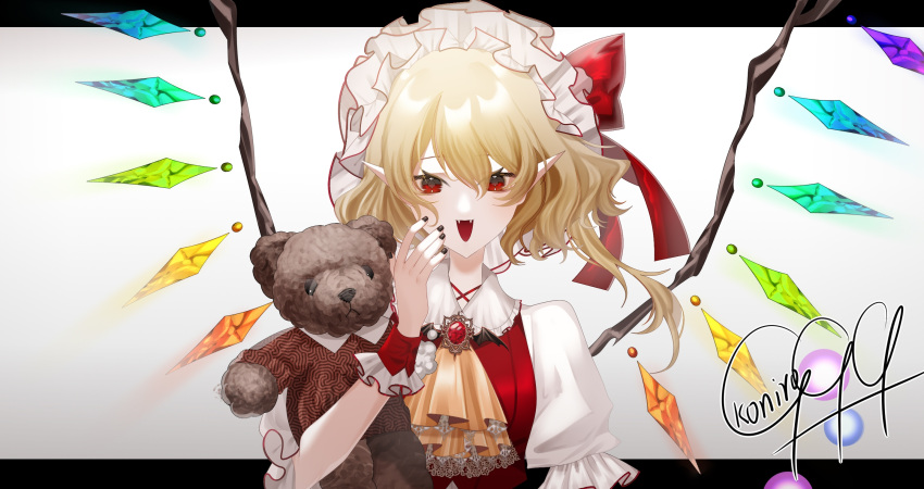 1girl ascot blonde_hair crystal_wings fang flandre_scarlet frills hair_ribbon hat highres koniro999 mob_cap open_mouth pointy_ears puffy_short_sleeves puffy_sleeves red_eyes red_ribbon ribbon short_sleeves signature simple_background solo stuffed_animal stuffed_toy tachi-e teddy_bear touhou upper_body white_background yellow_ascot