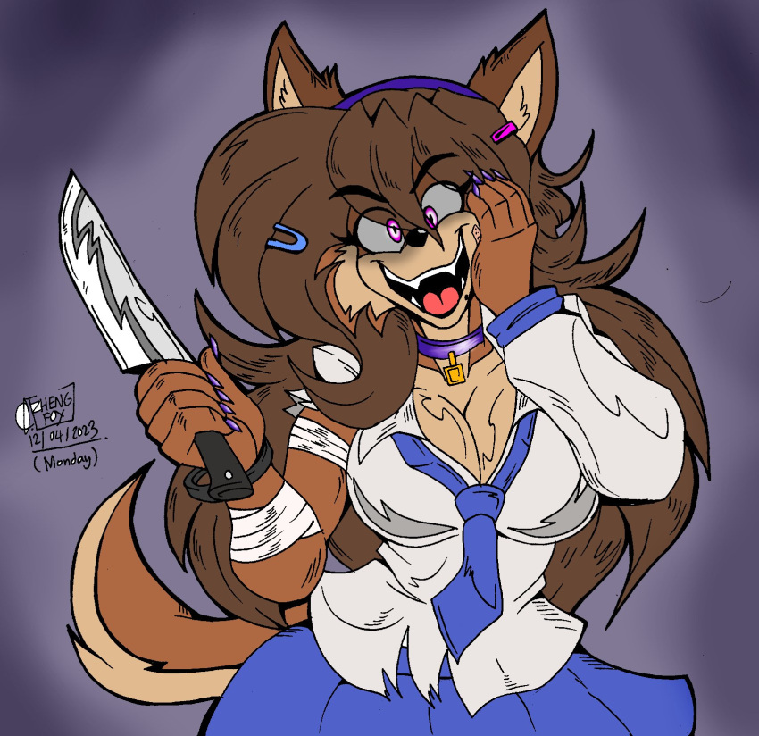 anthro band-aid bandage brown_hair canid canine clothing collar female hair hi_res holding_knife holding_object knife mammal solo torn_clothing yandere zhengfox