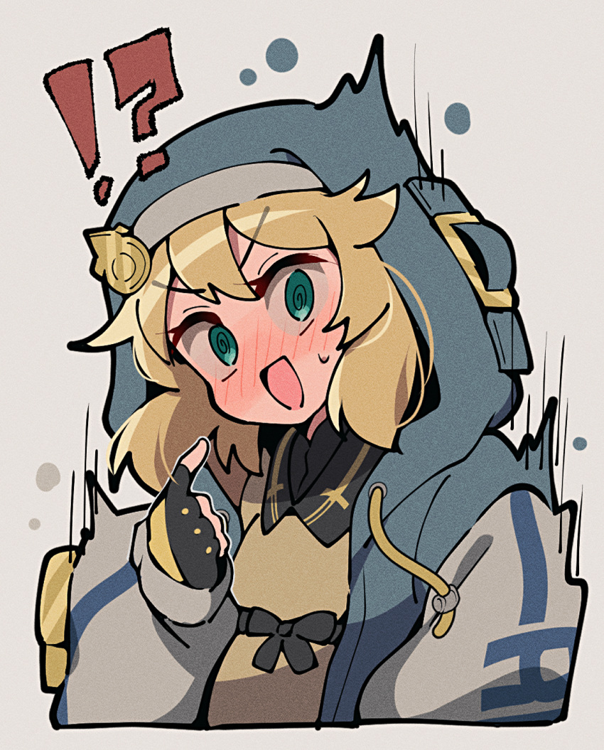 !? 1boy @_@ androgyne_symbol aqua_eyes black_gloves blonde_hair blush bridget_(guilty_gear) brown_dress commentary_request dress embarrassed fingerless_gloves full-face_blush gloves guilty_gear guilty_gear_strive habit highres hood hood_up hooded_jacket itsuka_neru jacket looking_at_viewer male_focus medium_hair open_clothes open_jacket open_mouth otoko_no_ko pointing pointing_at_self sweatdrop