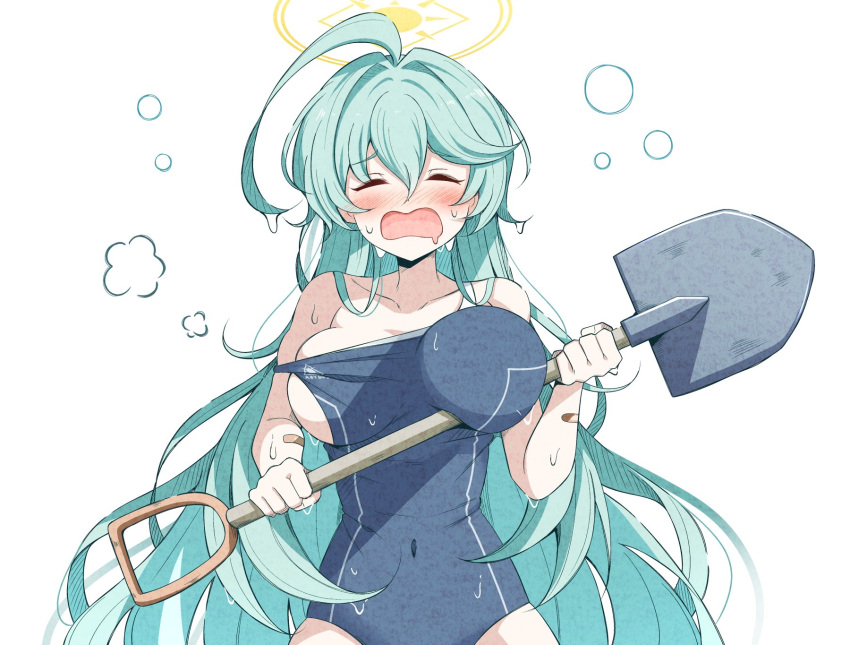1girl ahoge blue_archive blue_one-piece_swimsuit blush breasts closed_eyes collarbone covered_navel flustered green_hair hair_between_eyes halo highres holding holding_shovel karikura_(atatata71) large_breasts long_hair off_shoulder one-piece_swimsuit shovel simple_background solo standing swimsuit wardrobe_malfunction wet white_background yellow_halo yume_(blue_archive)