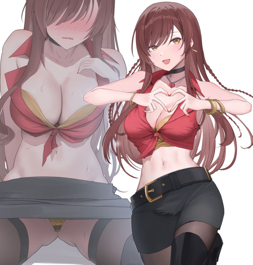 1girl bare_shoulders belt black_belt black_choker black_footwear black_skirt black_thighhighs blush boots bracelet breasts brown_hair choker cleavage commentary_request cowboy_shot earrings idolmaster idolmaster_shiny_colors jewelry large_breasts long_hair looking_at_viewer midriff multiple_views navel osaki_amana panties shougun_(chuckni1) simple_background skirt thigh_boots thighhighs thighs underwear white_background yellow_eyes yellow_panties