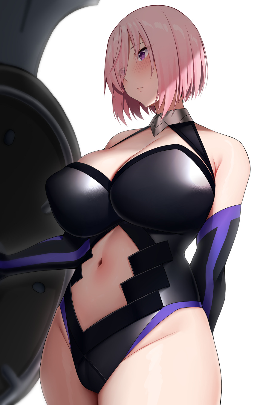 1girl arind_yudha bare_shoulders black_leotard black_thighhighs blush breasts cleavage cleavage_cutout clothing_cutout elbow_gloves fate/grand_order fate_(series) gloves hair_over_one_eye highleg highleg_leotard highres large_breasts leotard looking_to_the_side lord_camelot_(fate) mash_kyrielight navel navel_cutout purple_eyes purple_gloves purple_hair shield short_hair solo thigh_strap thighhighs thighs