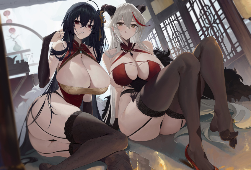 2girls :q absurdres aegir_(azur_lane) aegir_(golden_dragon_among_auspicious_clouds)_(azur_lane) argyle argyle_legwear ass azur_lane black_garter_straps black_hair black_horns black_thighhighs breasts bridal_gauntlets brown_eyes bursting_breasts cleavage cleavage_cutout clothing_cutout crossed_bangs cutout_above_navel dress garter_straps hair_between_eyes highres horns huge_breasts lemoneko long_hair looking_at_viewer multicolored_hair multiple_girls official_alternate_costume pelvic_curtain plump red_dress red_eyes red_hair sideless_outfit soles streaked_hair taihou_(azur_lane) taihou_(phoenix's_spring_song)_(azur_lane) thick_thighs thighhighs thighs tongue tongue_out very_long_hair white_hair