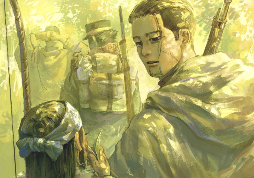 1girl 3boys animal_on_shoulder arms_behind_head artist_name asirpa backpack bag bird bird_on_shoulder black_eyes black_hair blue_headband bow_(weapon) character_request check_character cloak dappled_sunlight earrings empty_eyes facial_hair forest goatee golden_kamuy gun half-closed_eyes hat headband highres holding holding_leaf hood hood_down hooded_cloak hoop_earrings jewelry kepi leaf long_hair looking_at_another loose_hair_strand military_hat multiple_boys nature ogata_hyakunosuke open_mouth osakanaman_7 outdoors over_shoulder rifle scar scar_on_cheek scar_on_face scarf shiraishi_yoshitake short_hair sugimoto_saichi sunlight undercut weapon weapon_on_back weapon_over_shoulder